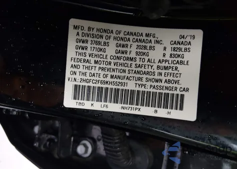 2019 Honda Civic Lx from USA, damaged, VIN 2HGFC2F69KH552931